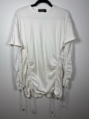MANIERE DE VOIR | White Ruched Double Layer T-Shirt Pinstripe Sleeves Dress ASIS